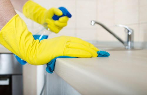 Professional cleaner washing exterior windows in Tockwell
