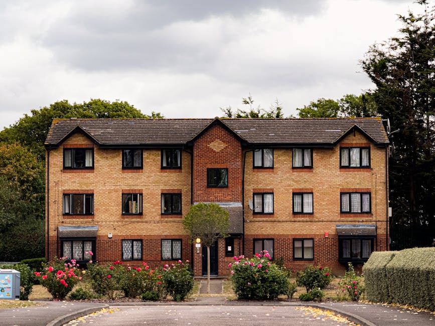 A high vantage view of a residential area in Stockwell, showing rows of brick apartment buildings with tiled roofs and small balconies, surrounded by green trees. The background features taller modern